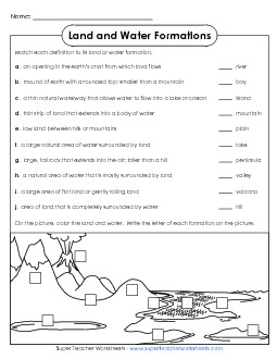 Land and Water Formations Landforms Worksheet