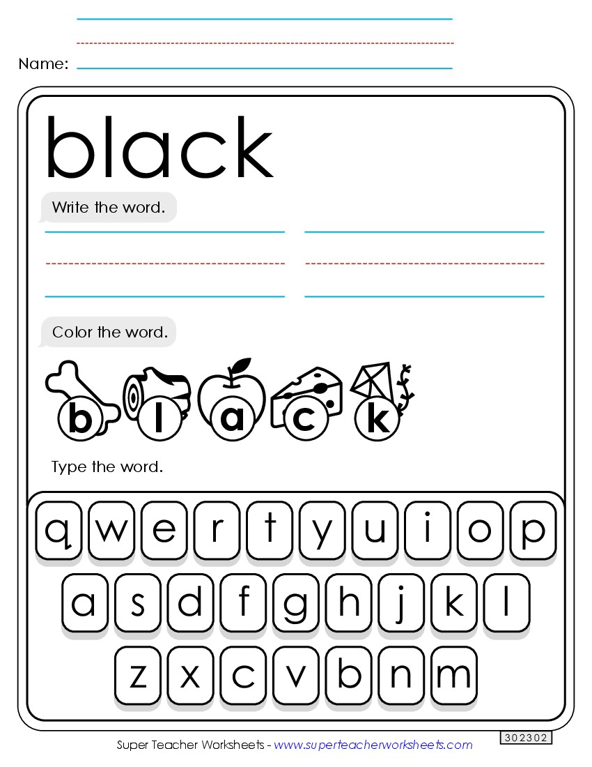 Write, Color, Type: Black Sight Words Individual Worksheet