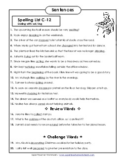 Spelling Test Sentences (C-12) Spelling C Worksheet