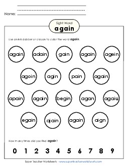 Dab or Color: Again Sight Words Individual Worksheet