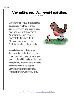 Vertebrates Vs. Invertebrates (Poem)  Poems Worksheet