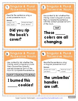 Task Cards: Singular and Plural Possessive Nouns Worksheet