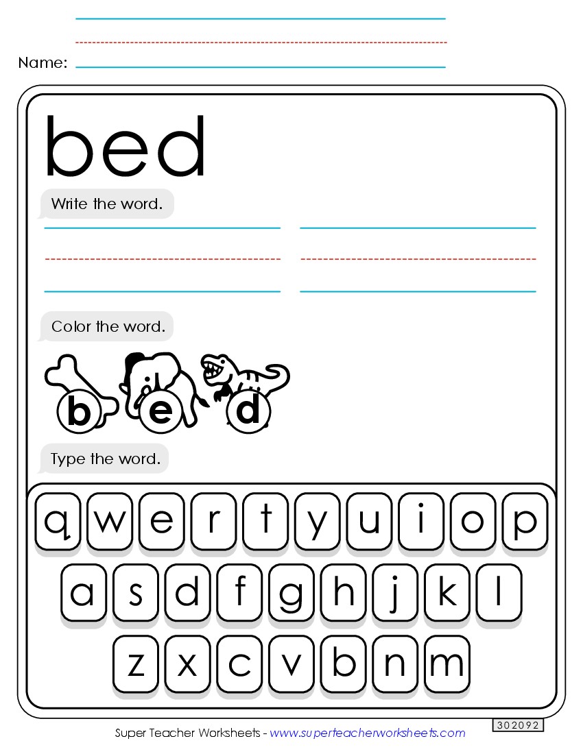 Write, Color, Type: Bed Sight Words Individual Worksheet