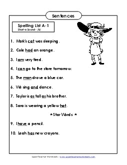 Spelling Test Sentences (A-1) Free Spelling A Worksheet