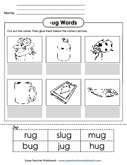 Cut and Glue (-ug) Word Families Worksheet