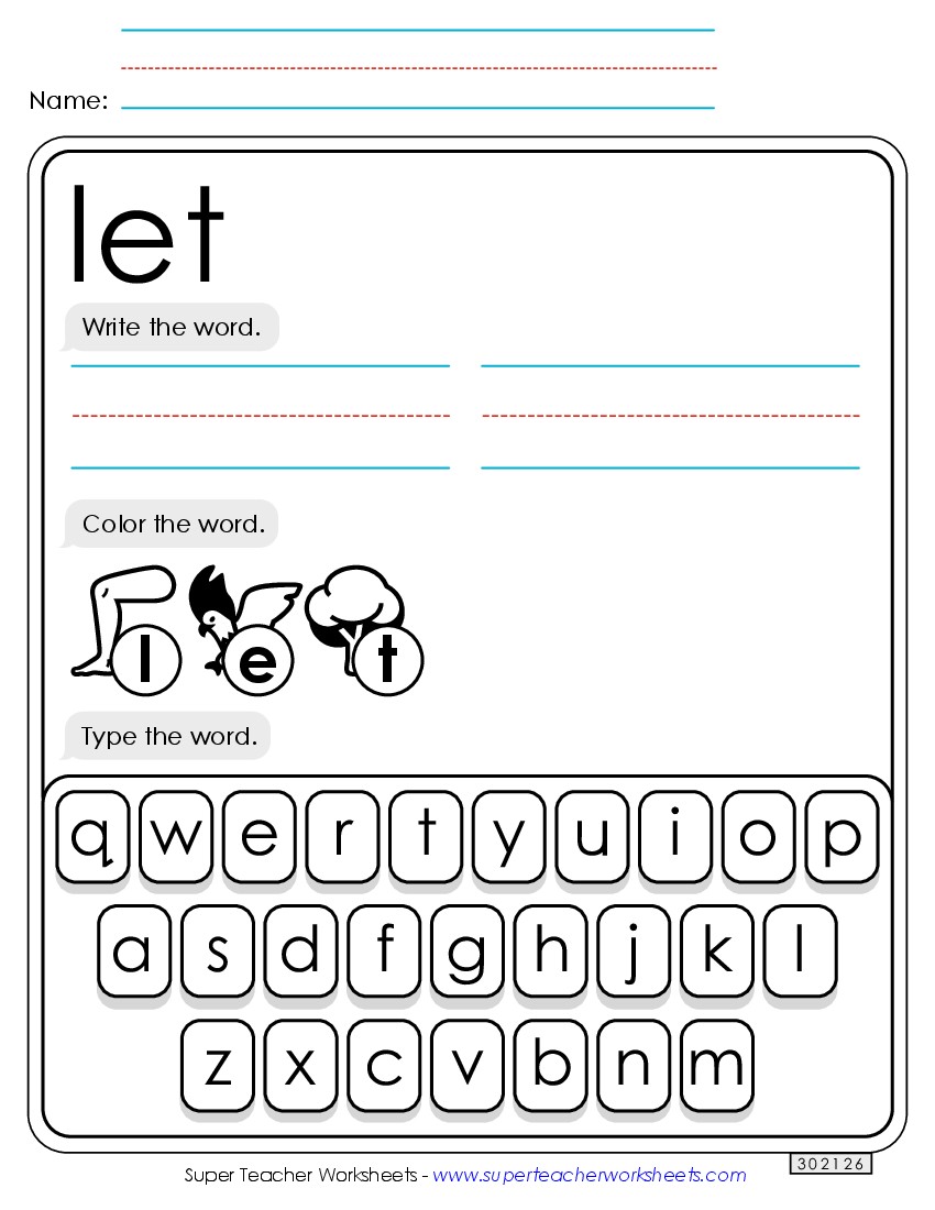 Write, Color, Type: Let Sight Words Individual Worksheet