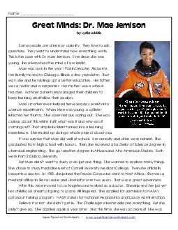 Great Minds: Dr. Mae Jemison Reading Comprehension Worksheet