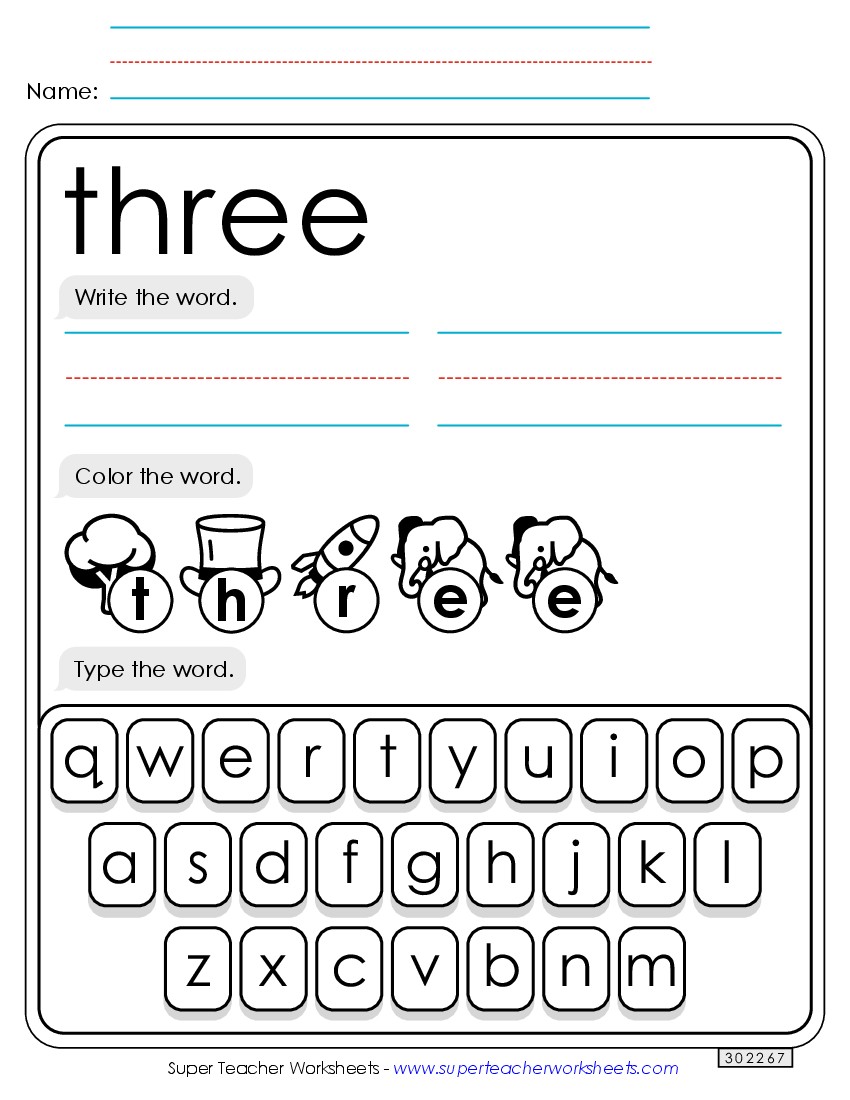 Write, Color, Type: Three Sight Words Individual Worksheet