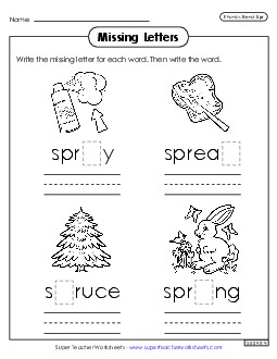 Missing Letters (Spr- Words) Phonics Blends Worksheet