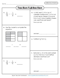 Variety Worksheet: Fraction Subtraction (Unlike Denominators) Fractions Worksheet