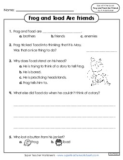 Whole Book Questions Book Frog And Toad Worksheet