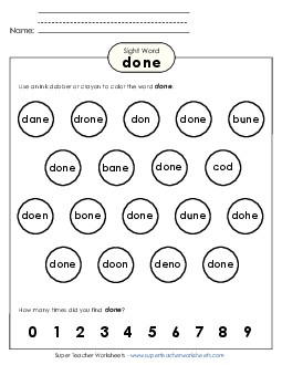 Dab or Color: Done Sight Words Individual Worksheet