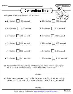 Converting Time: Minutes and Seconds Greater Than, Less Than, or Equal to  Worksheet