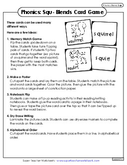 Phonics Card Game (Squ- Blends) Phonics Blends Worksheet