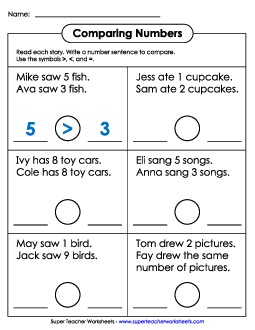 Number Stories: Comparing Comparing Numbers Worksheet