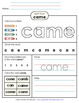 Worksheet 4: Came Sight Words Individual Worksheet