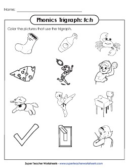 Color TCH Pictures Phonics Trigraphs Worksheet