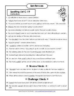 Spelling Test Sentences (C-19) Spelling C Worksheet