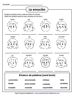 Write the Words: Feelings/Emotions Spanish Vocabulary Worksheet