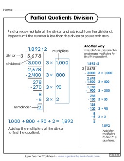 Partial Quotients Anchor Chart (4-Digit by 1-Digit) Division Worksheet