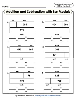 Addition and Subtraction Bar Models (Tape Diagrams) Mixed Addition Subtraction Worksheet