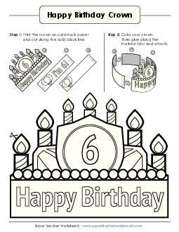 Birthday Crown: Age 6 (B&W) Worksheet