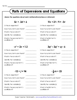 New Identify Parts of Expressions & Equations Worksheet