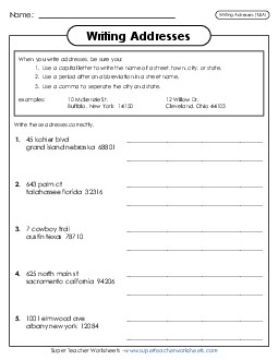 Commas in Addresses Writing Worksheet