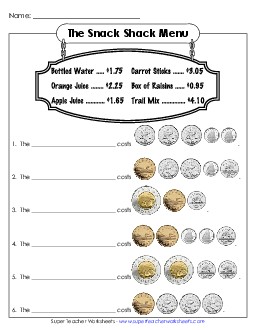 Snack Shack (Harder)  A Money Canadian Worksheet