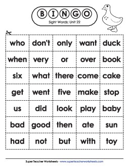 Sight Word Bingo (Unit 22) Sight Words Worksheet