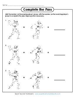 Complete the Pass (Football Theme) Addition Worksheet