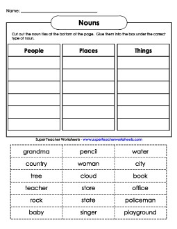 Noun Sort (Cut & Glue) 1st Grade ELA Worksheet