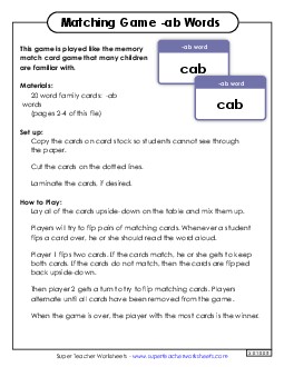 Memory Match Game (-ab) Word Families Worksheet