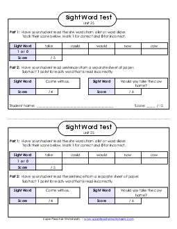 1-on-1 Reading Test (Unit 25) Sight Words Worksheet