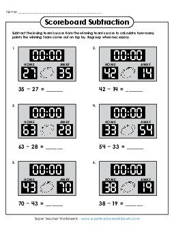 Scoreboard Subtraction (2-Digit Subtraction) Worksheet