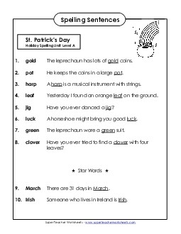 Spelling Test Sentences (A-St. Patrick\'s Day) Spelling A Worksheet