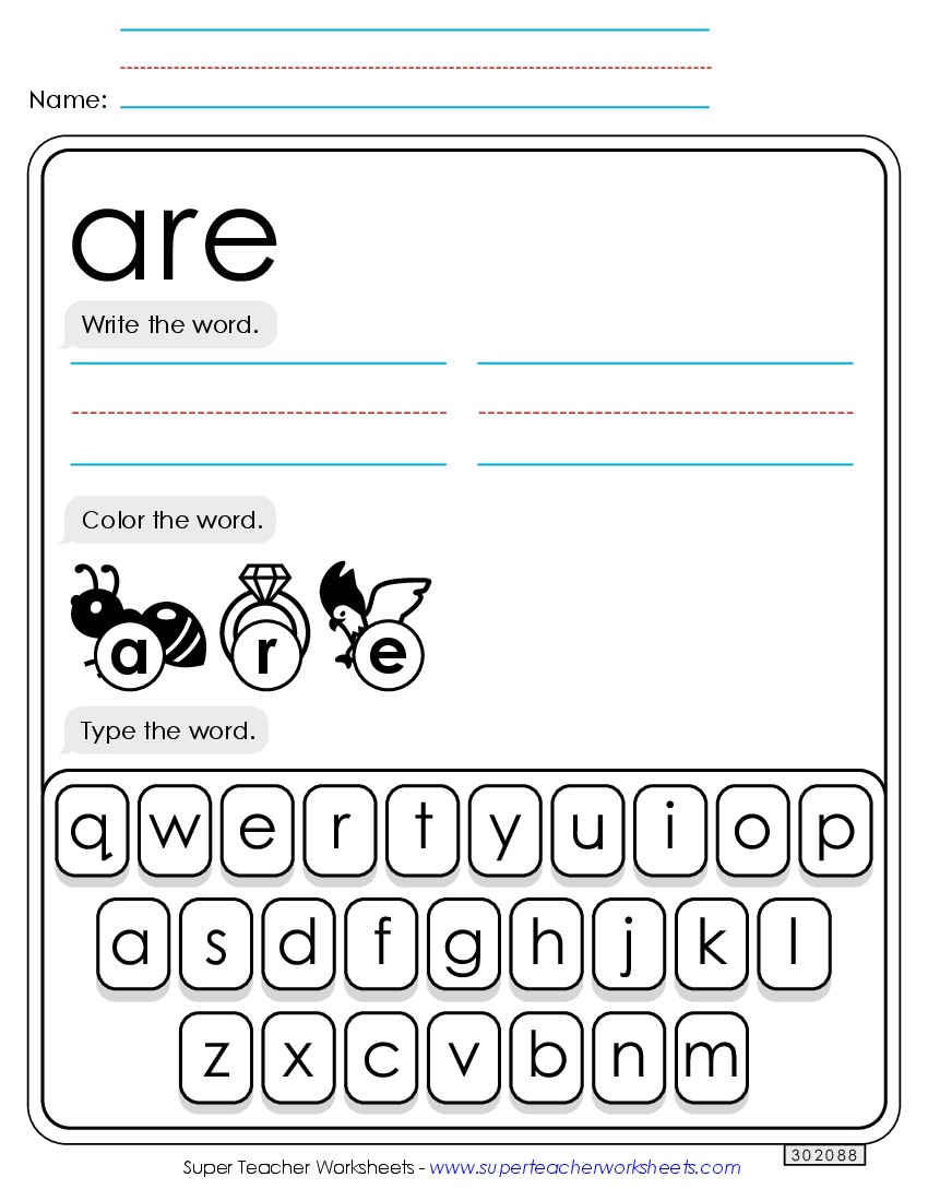 Write, Color, Type: Are Sight Words Individual Worksheet