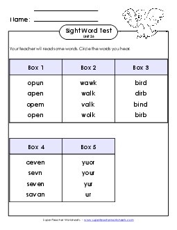 Whole Class Test (Unit 26) Sight Words Worksheet