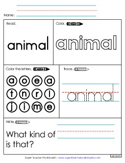 Worksheet 1: Animal Sight Words Individual Worksheet