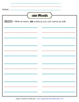 Brainstorm and Write (-ain) Word Families Worksheet