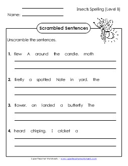 Scrambled Sentences (B-Insect Words)  Spelling B Worksheet