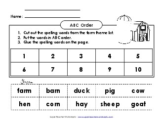 ABC Order: Cut and Glue (A-Farm Words)  Spelling A Worksheet