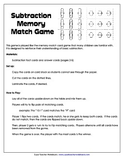 Subtraction Matching Game (Basic Facts Within 10) Worksheet