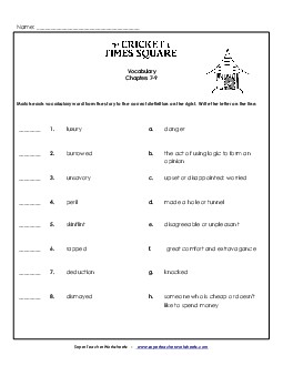 Vocabulary Match: Chapters 7 - 9 Book The Cricket In Times Square Worksheet