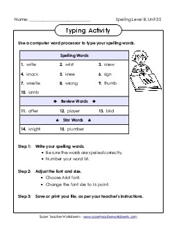 Typing Activity (B-30)  Spelling B Worksheet