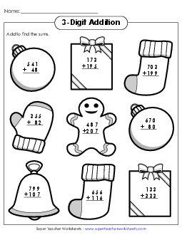 3-Digit Addition Christmas Symbols Worksheet