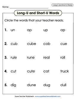 Listen and Circle: Long U and Short U Phonics Long Short U Worksheet