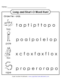 Long and Short O: Horizontal Word Hunt Phonics Long Short O Worksheet