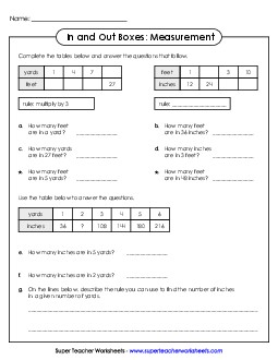 In and Out Boxes (Feet, Inches, and Yards) 4th Grade Math Worksheet