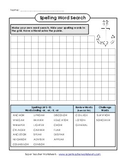 Make-a-Search (E-10) Spelling E Worksheet